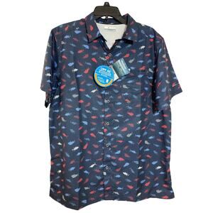 NWT Columbia Medium UPF 40 Omni Shade Shirt SS Navy Blue W Red White Blue Fish